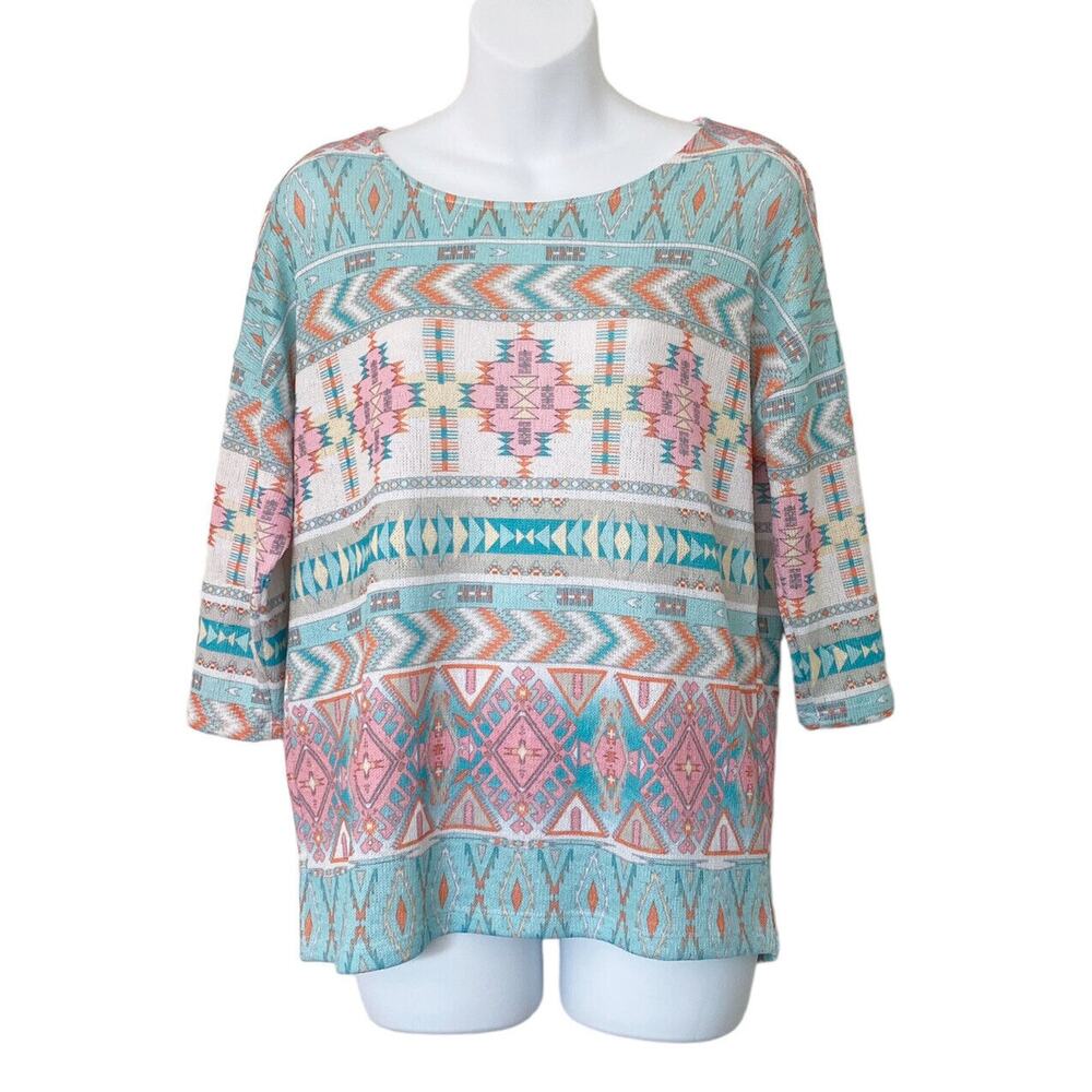 Akemi + Kin Shirt Womens Medium Aztec Teal/Pink Dolman 3/4‎ Sleeve Summer Knit